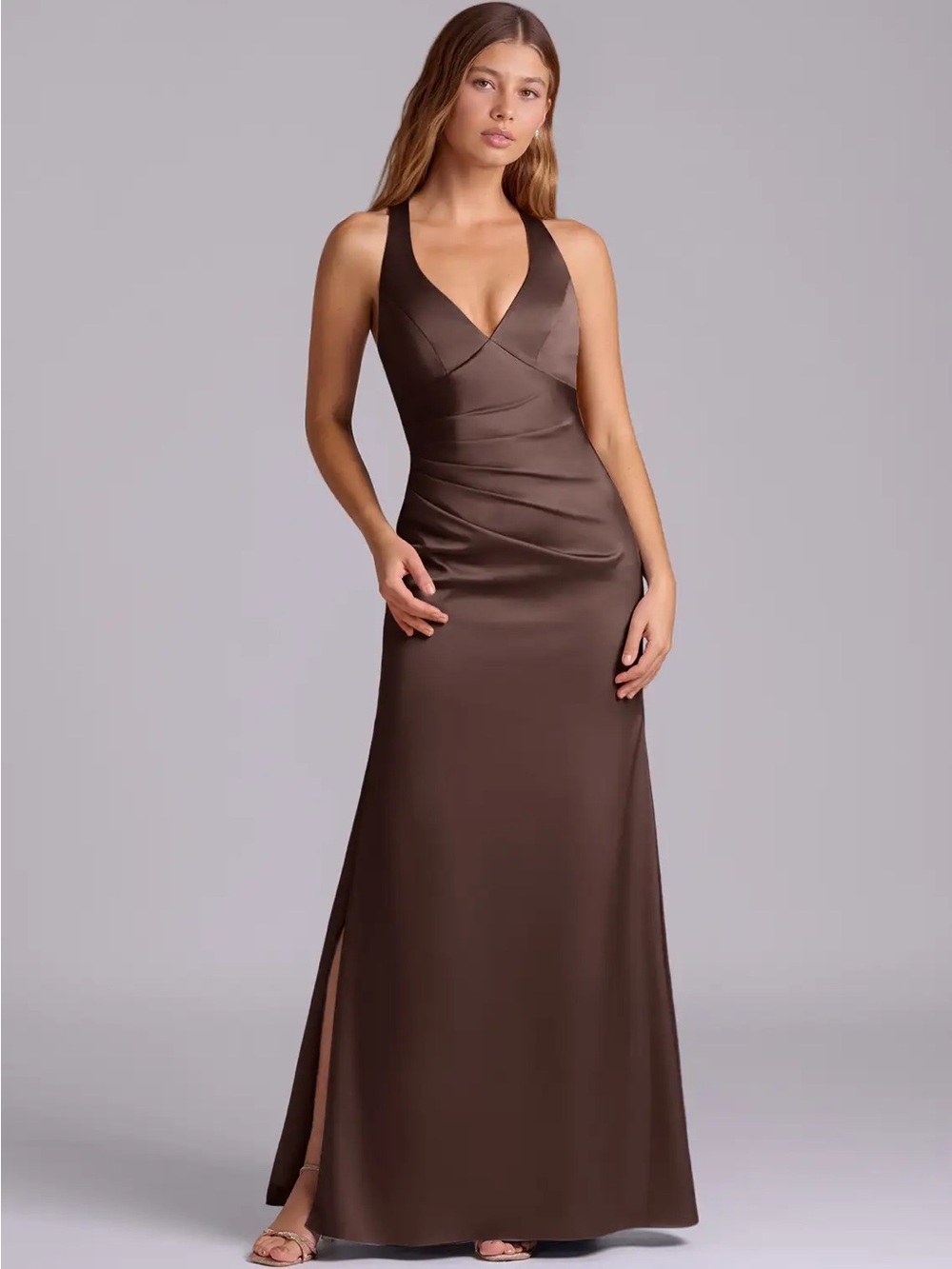 Azazie Amelie Brown V-Neck Satin Evening Dress Size A12